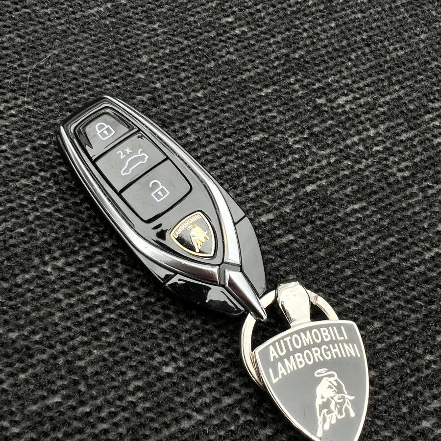 A Lamborghini key on a cleaned floor mat.